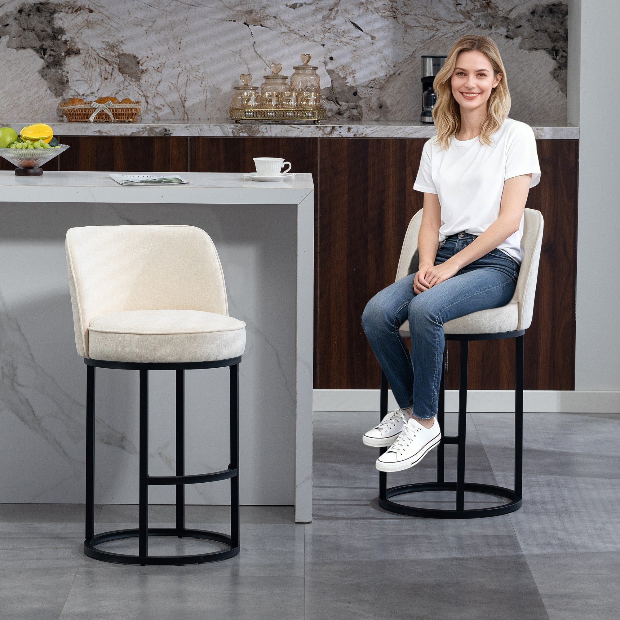 Sailvan Counter Height Bar Stools Set of 2,Modern Upholstered Linen Fabric Kitchen Island Stools with Barrel Backrest & Sturdy Metal Frame Beige