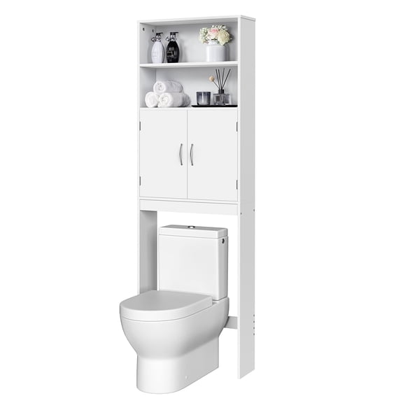 Tall Over The Toilet Organizer with Double Doors and Adjustable Shelves, Space Saving Bathroom Storage Cabinet, White