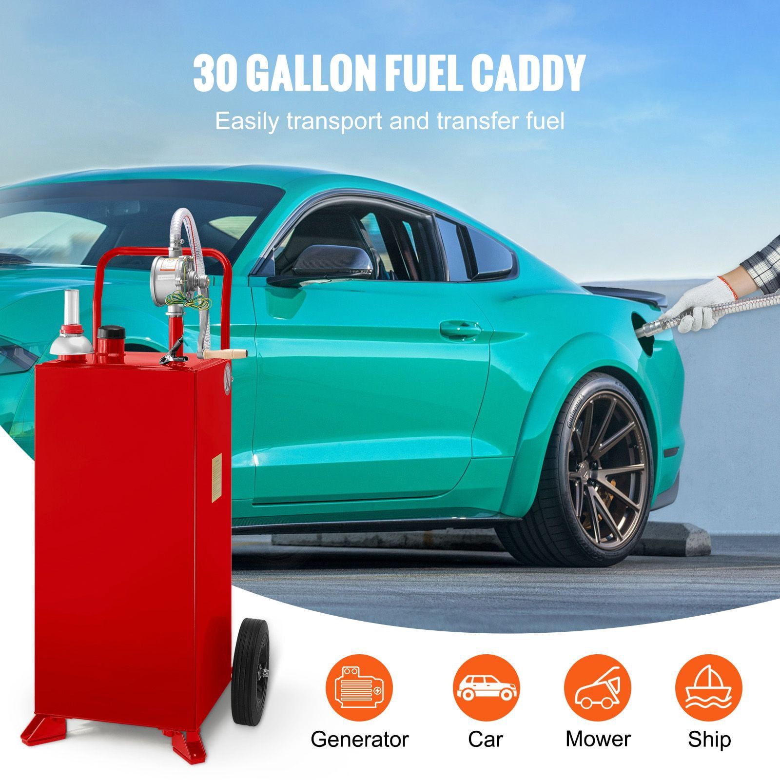 30 Gallon Gas Caddy with Manual Hand Pump, Portable Red Fuel Storage Tank on 2 Wheels for Gasoline & Diesel, for Cars, Lawn Mowers, ATVs, Boats