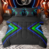 Manfei Geometric Triangle Bedding Comforter Set 7-Piece, Black Blue Green Full Bedding Set, Neon Red Lights Fitted Sheet Flat Sheet, Breathable Home Decor