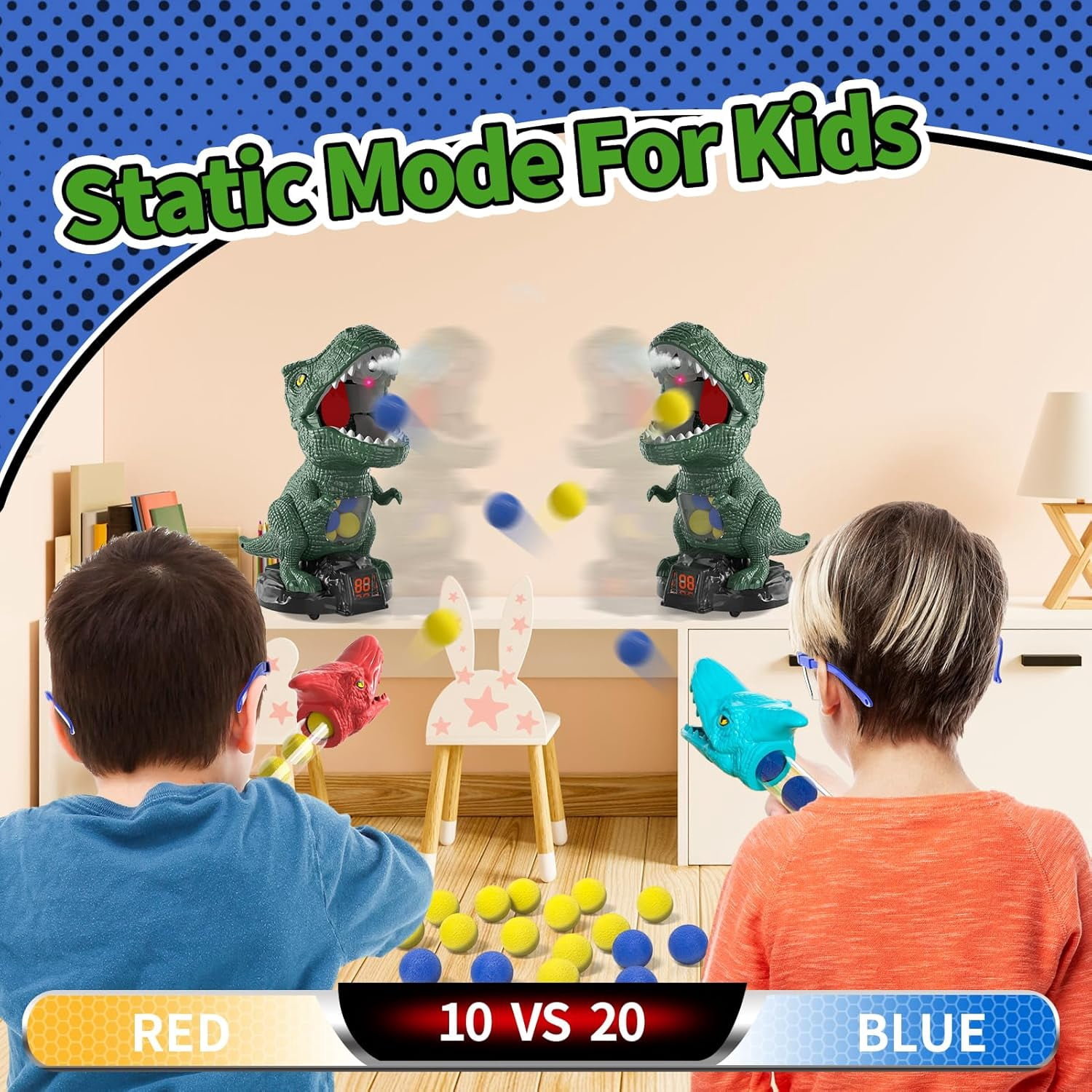 Dinosaur Shooting Game for Kids – 2 Air Pump Launchers, Electronic Target with LCD Score, Lights & Sounds, 24 Foam Balls, Gift for Boys Ages 3-5