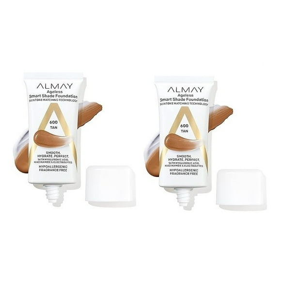 Fond de Teint Anti-âge Almay, Maquillage pour le Visage Smart Shade avec Acide Hyaluronique, Niacinamide, Vitamines C et E, Hypoallergénique – Sans Parfum, 600 Tan, 1 Fl Oz (Lot de 2)