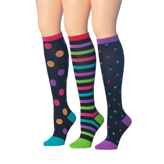 Tipi Toe 3-Pairs Compression Socks for Men & Women Athletic Legwear Bright Design Colorful Patterned Knee High Socks (12-14 mmHg)
