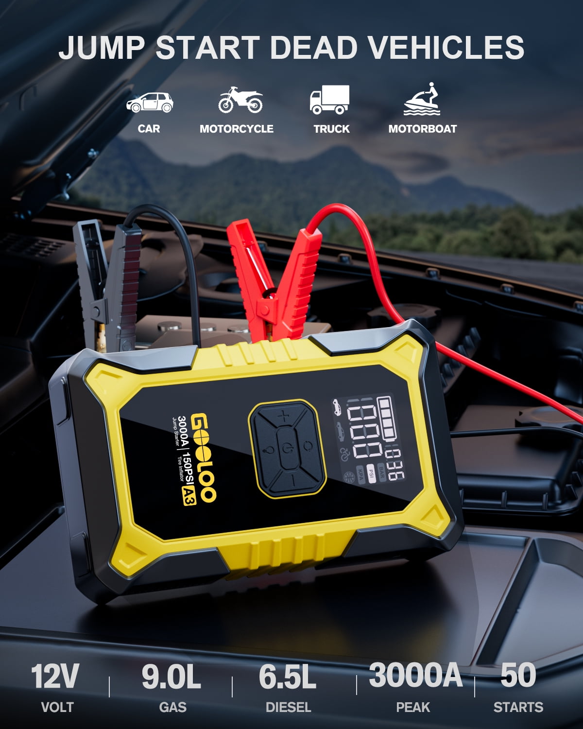 GOOLOO A3 Car Jump Starter with Air Compressor, 3000A 150PSI Portable Car Battery Jump Starter(9.0L Gas/6.5L Diesel) with Digital Tire Inflator, 12V Jump Box Car Booster with LED Light