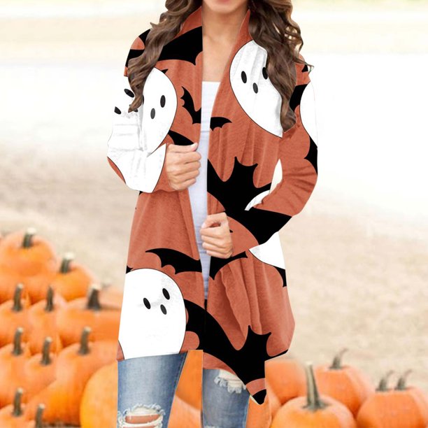 ICHUANYI Clearance Fashion Woman Long Sleeve T-Shirt Open Front Loose Outerwear Printing Blouse Coat Tops Halloween Cardigan Blouse(Orange, M) ICHUANYI WER2023081503450