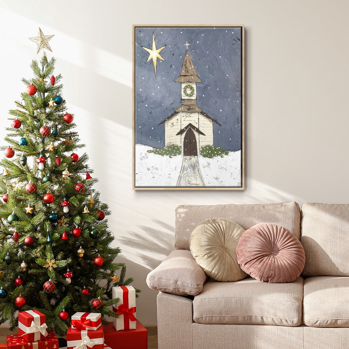A Silent Night III - Framed Gallery Wrapped Holiday Canvas - 27 x 41 - Natural Wood Frame