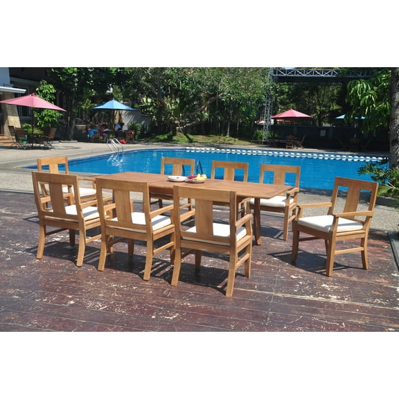 Grade-A Teak Dining Set: 8 Seater 9 Pc: 94" Double Extension Rectangle Table And 8 Osborne Arm Chairs Outdoor Patio WholesaleTeak #WMDSWVm