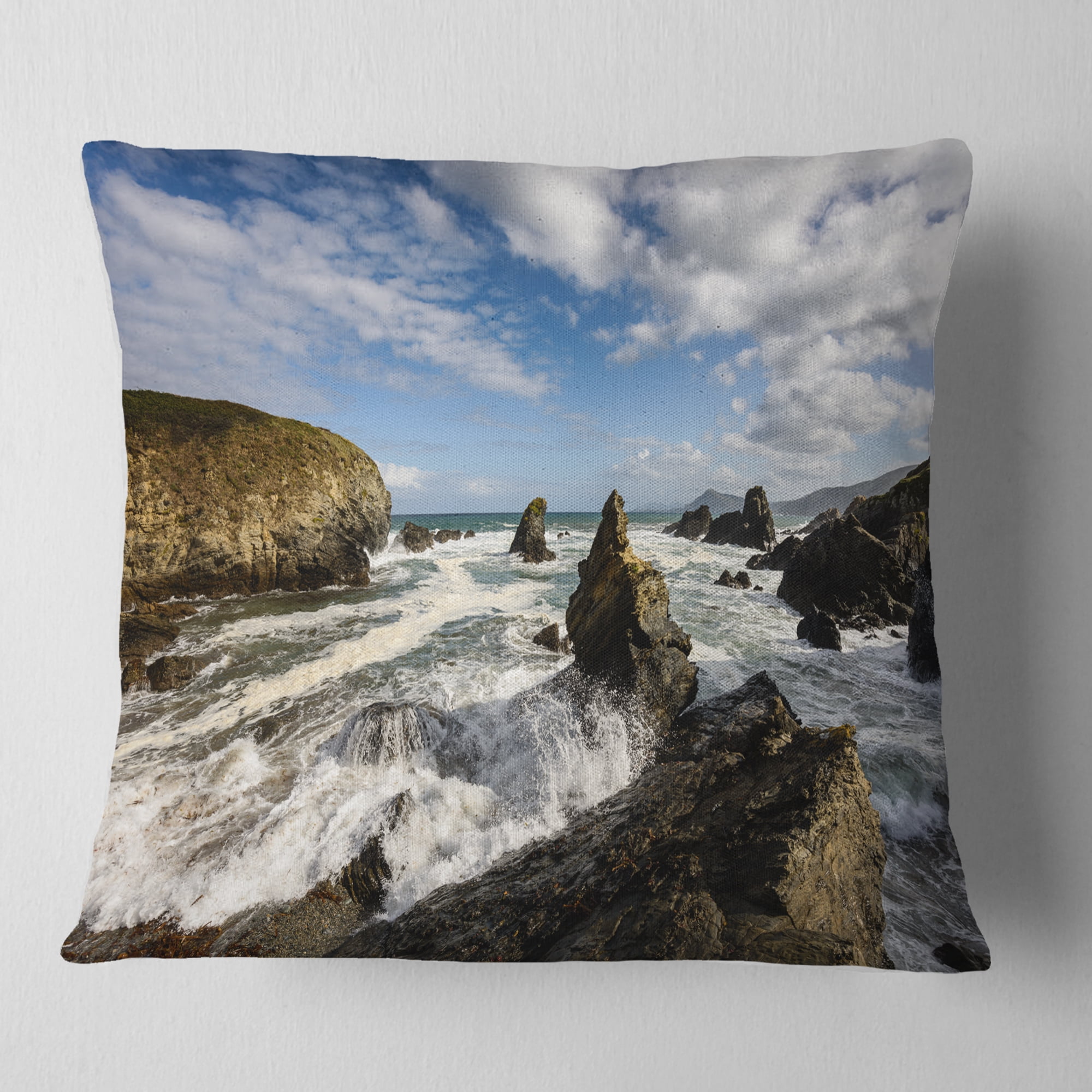Designart Blue Atlantic Coast in Spain - Seashore Photo Throw Pillow - 18x18