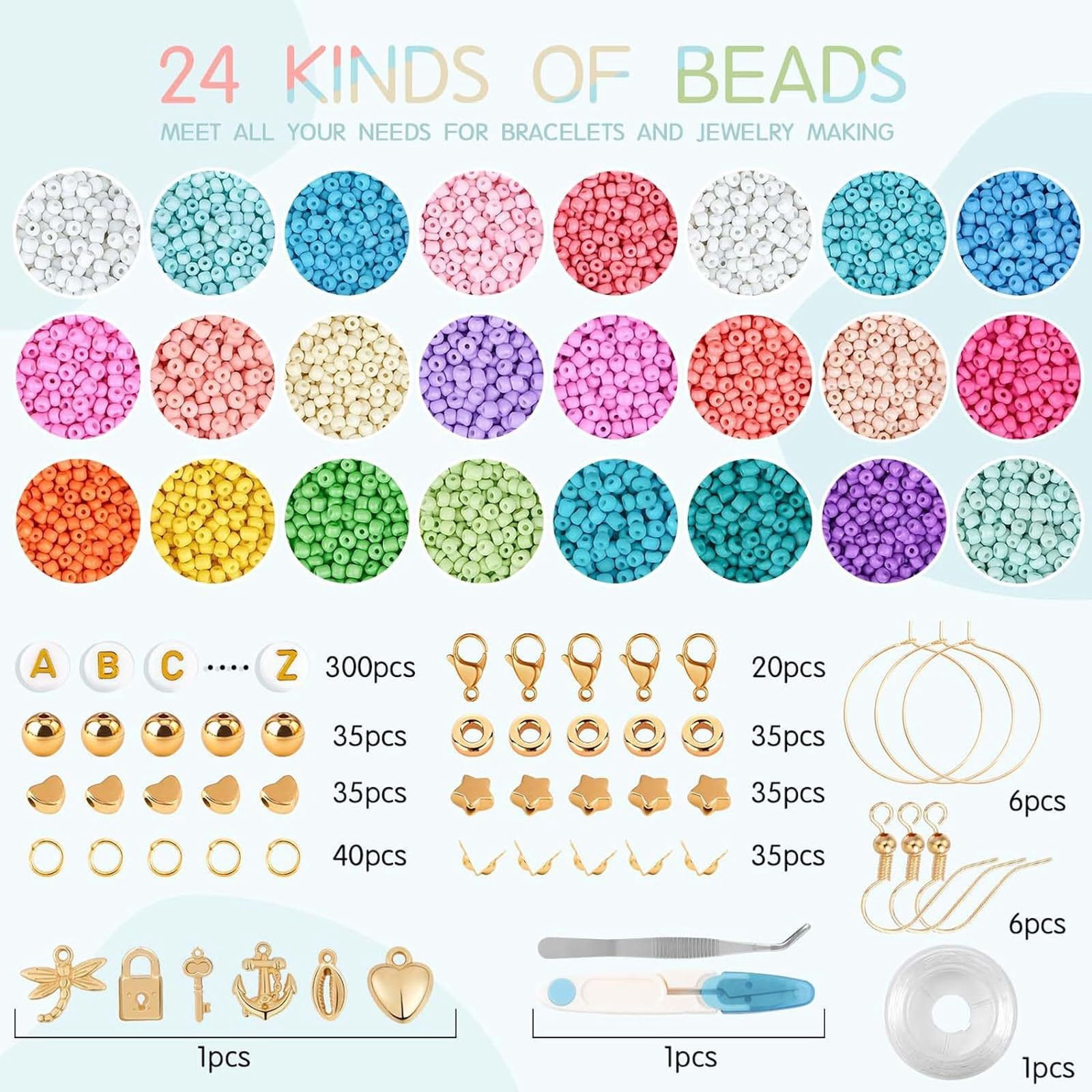 DIY Kit - 3MM 24Color Clay Beads & Charms for Jewelry Making, DIY Friendship Bracelets Set with Letter Beads & Accessories, Crafts Supplies