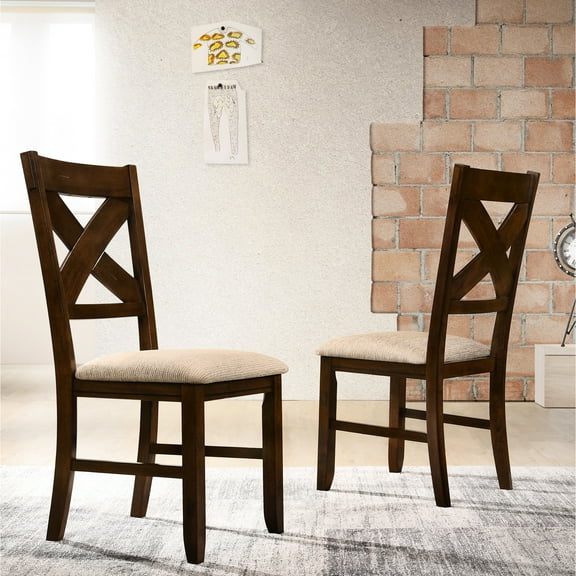 Solid Wood Dining Chairs, Of Two - Dark Hazelnut , Arm- Foam Padded Seats In Textured Tan Upholstery 17"l X 18.5"w 39.5"h 2 Chairs Wood, Armless Design Wrapped Fabric