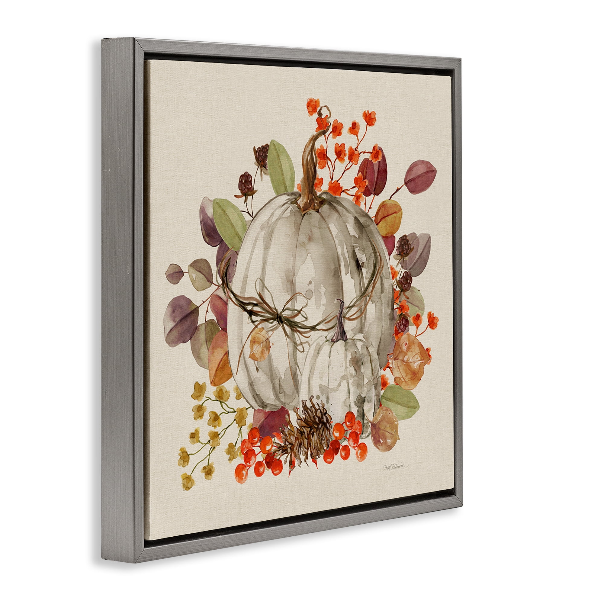 Stupell Industries Autumnal Pumpkin Herbs Botanical & Floral Painting Gray Floater Framed Canvas Art Prints Wall Art, 25 x 25