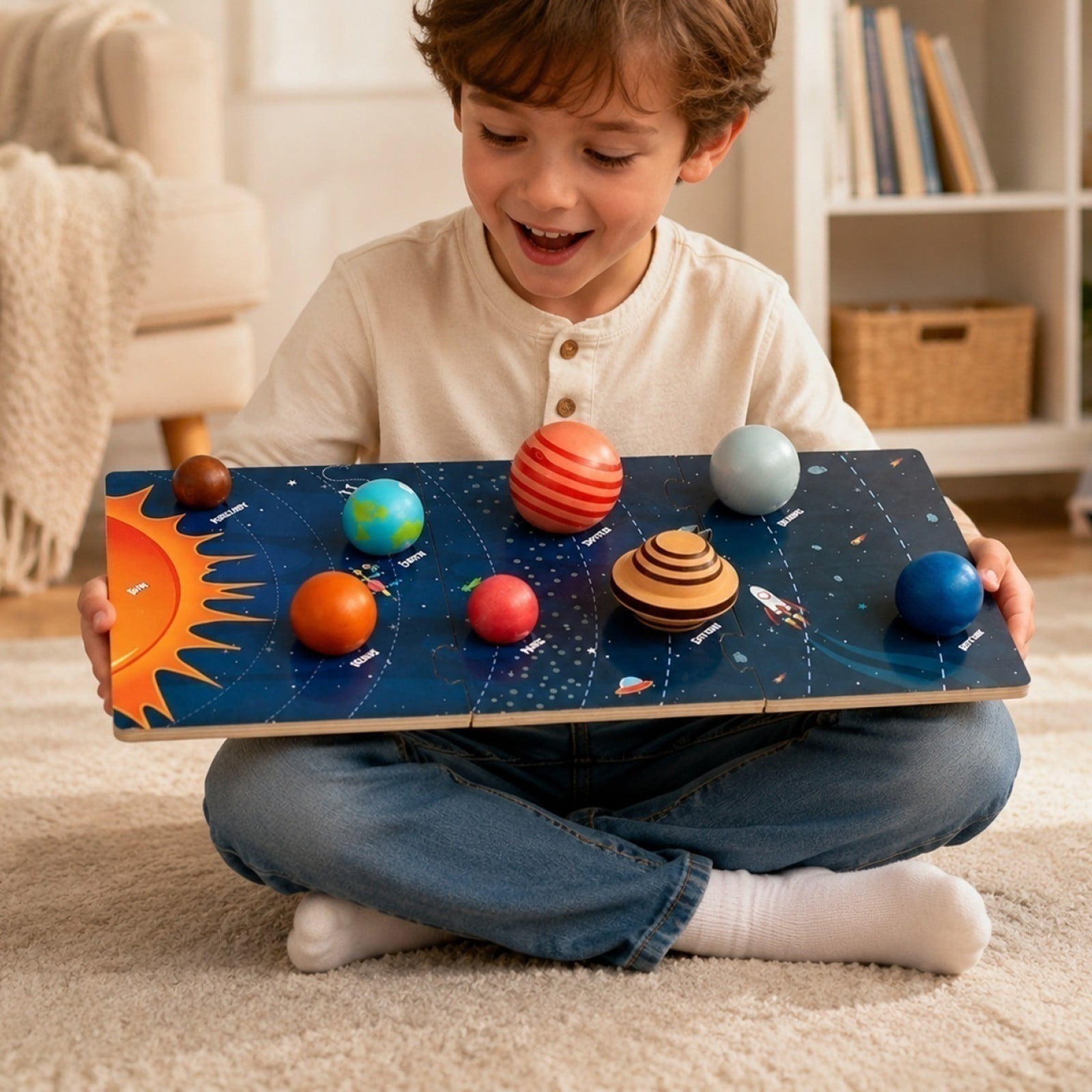 SCNOR Wooden Solar System Puzzle Board – Montessori Planet Matching STEM Toy for Kids 3-5