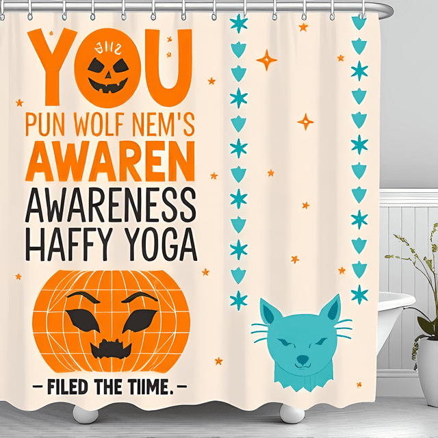 Rideau de Douche d'Halloween Fantaisiste avec Citrouille de Dessin Animé et Chat Sarcelle - Jeux de Mots Amusants et Design Joyeux