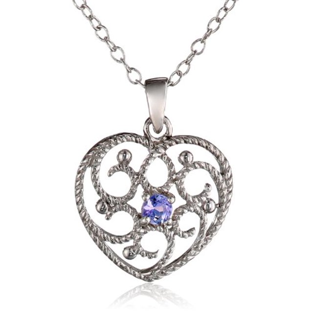 Tanzanite Filigree Heart Pendant in Sterling Silver, 18"