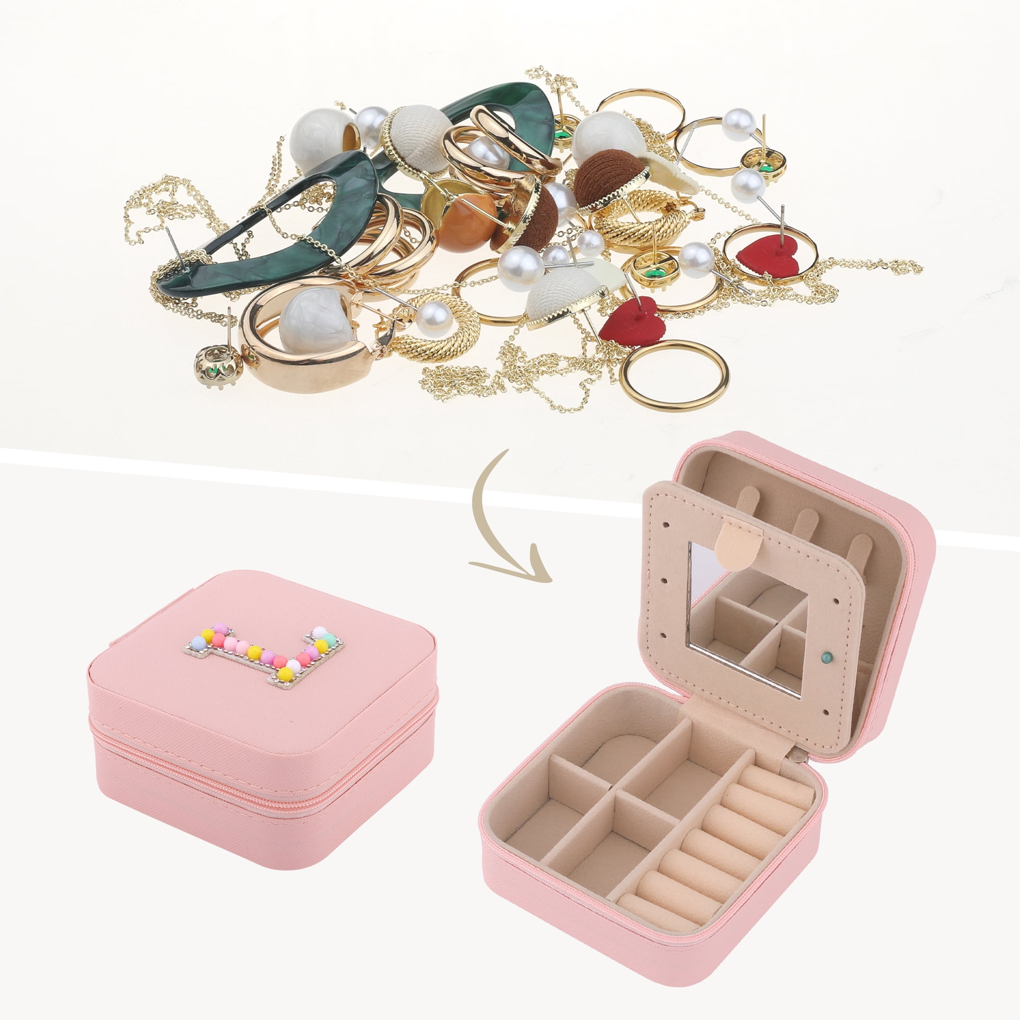 Unique Bargains Mini PU Leather Jewelry Box with Mirror Pink Letter L