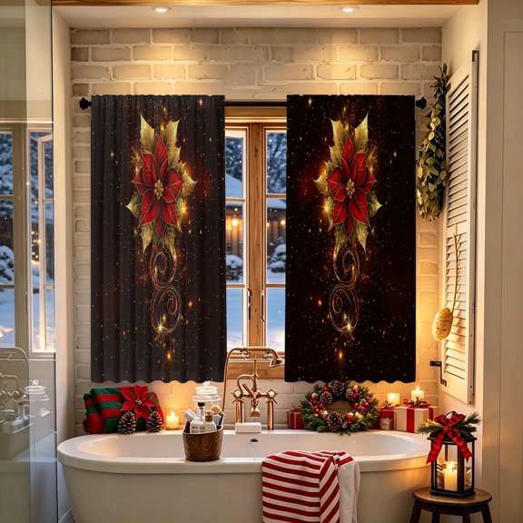 Black‑Base Gold Ornament Snowflake 2D Printed Window Curtain, No Rods Included, Light Filtering Fabric, for Indoor Living Space Winter Home Decor