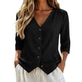 thumbnail image 2 of Linen Button Down Blouse V Neck Hem Business Office Daily Wear Relaxed Fit Casual Work Top, 2 of 5
