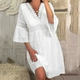 thumbnail image 2 of Kcodviy Robe Maxi Décontractée 3/4 Unie pour Femme, Robe à Manches, Col en V, Robe Longue pour Femme, Dentelle Ajourée, Manches Évasées, Robe Ample, 2 of 5