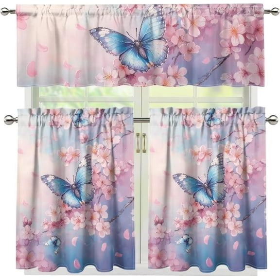 Butterfly Curtain and Valances Set for Kitchen Windows Valances Farmhouse Style Home Decor Cherry Blossom Window Treatments Valance Short Curtains Sheer Valance 36"