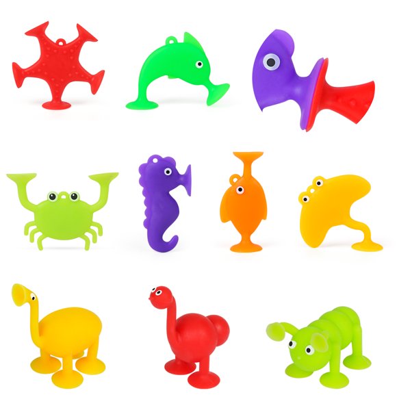 Baby Suction Pop Sucker Darts Toy,9 Pieces Animal Silicone Bath Toys,Kids Stress Release Toys Travel Sucker Game,Building Blocks Gift for 3 4 5 6 7 Years Old Boys Girls