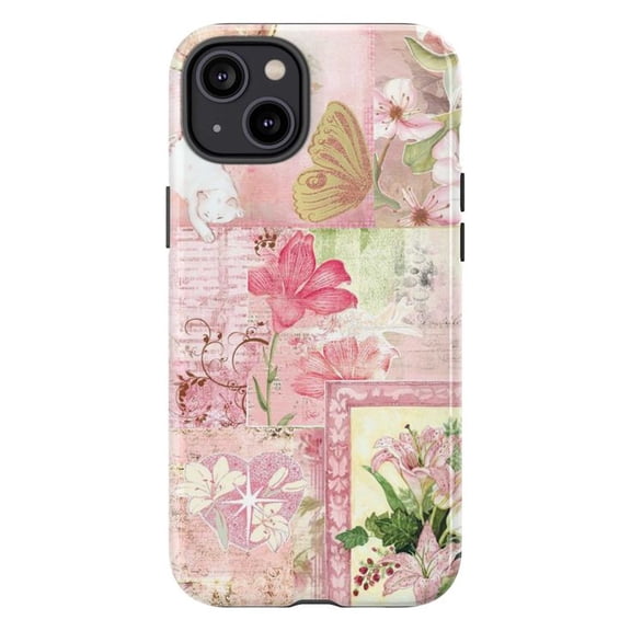 Pink Floral Collage Phone Case, White Cat Butterfly Lily Cover for iPhone 17 16 15 14 13 12 11 Pro Plus Mini
