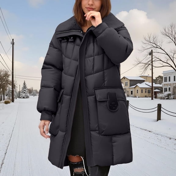Women's Mid-Length Sherpa Lined Coat, Notch Lapel Long Jacket, Loose Fit Plus Size Winter Parka, Thickened Cotton Padded Overcoat, Comfortable Warm Outerwear Black L