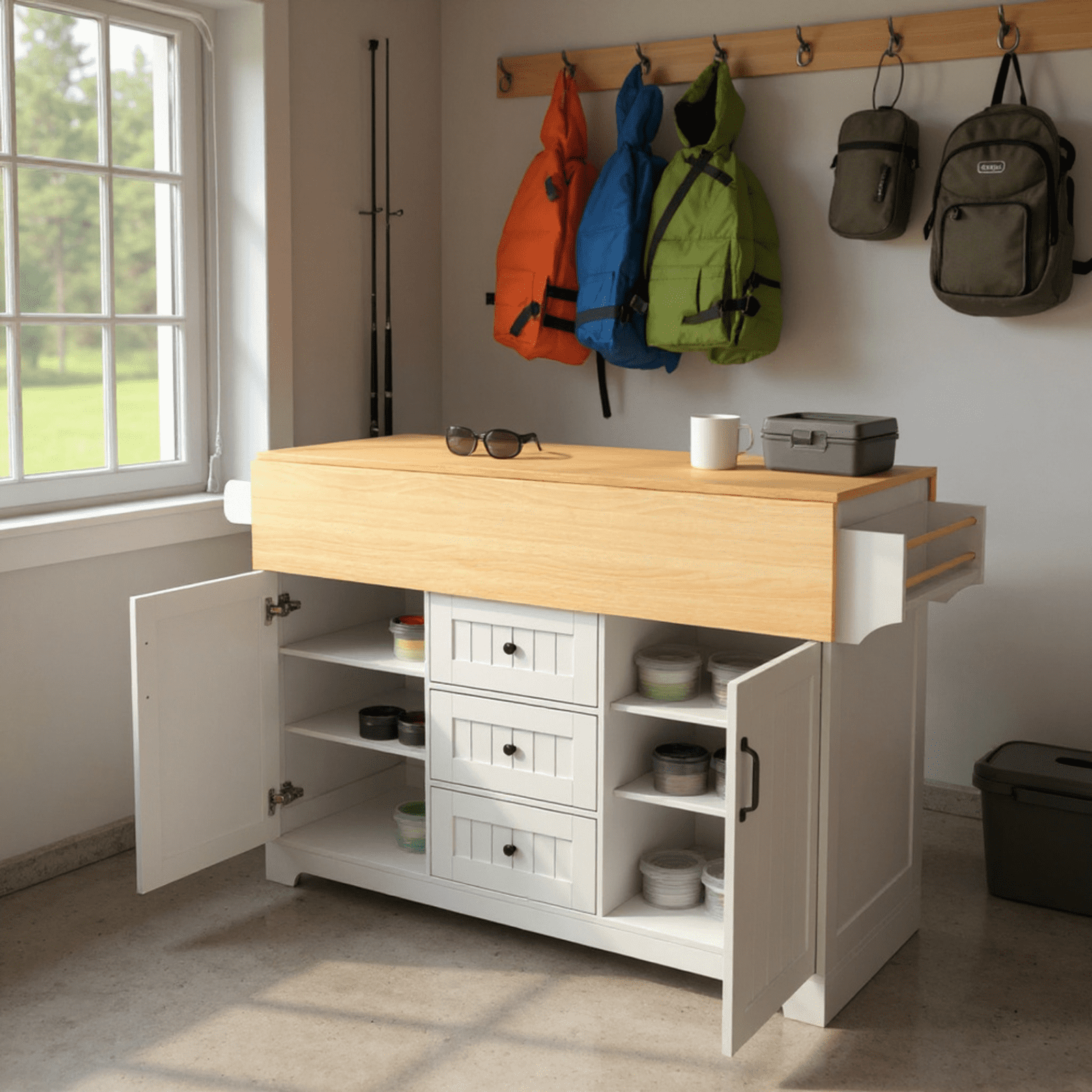 Homy Casa Rolling Large Garage Storage Cabinet with Dual Drop Leaves, Power Outlets for Office Gym, School
