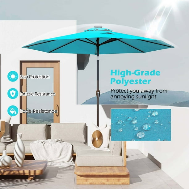 costway 10ft patio solar umbrella 10 ft Outdoor with LED Lights and Weighted Base-Gray which could automatically charge during the day and illuminate your nights with a cozy glow Costway 10FT Patio Solar Umbrella