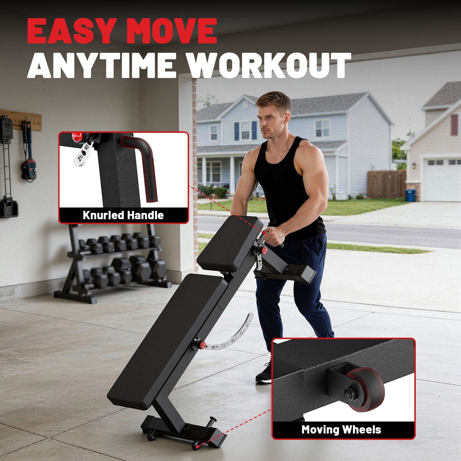 ROALW Heavy-Duty Adjustable Weight Bench for Curls & Full-Body Workout, Two-Way Angle Adjust, Extended Easy-Clean Backrest, Built-In Wheels for Home Gym