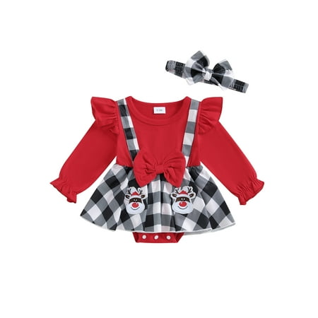 

Woshilaocai Baby Girl Plaid Romper Dress Gingerbread Man Jumpsuit Bow Headband