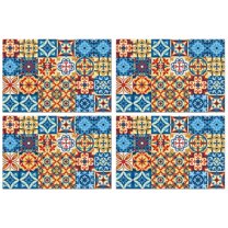 Floral Ethnic Bohemian Flax Placemats Set of 4, 12x18 Inch Washable Rustic Table Mats, Tribal Folk Style Vintage Decor for Colorful Kitchen or Earthy Dining Area