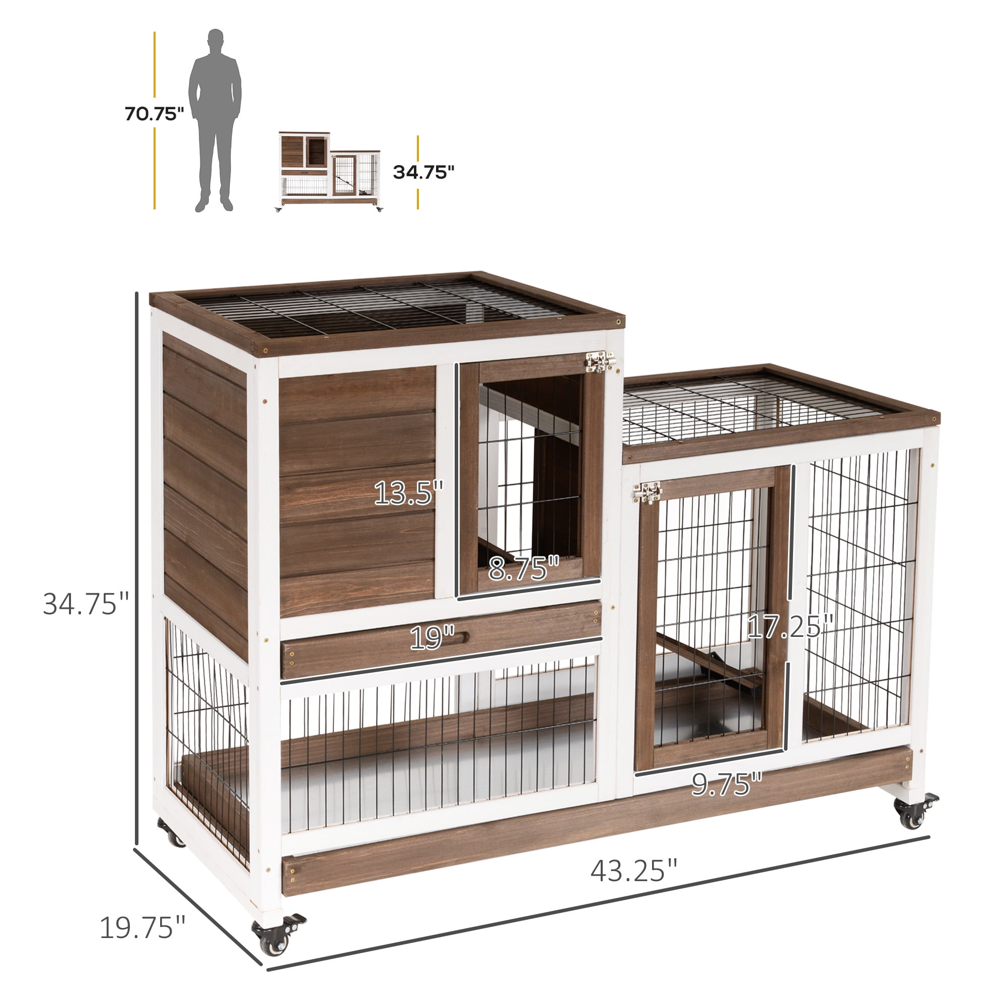Wooden Rabbit Hutch Elevated Bunny Cage Indoor with Enclosed Run with Wheels, Ramp, Removable Tray , Brown