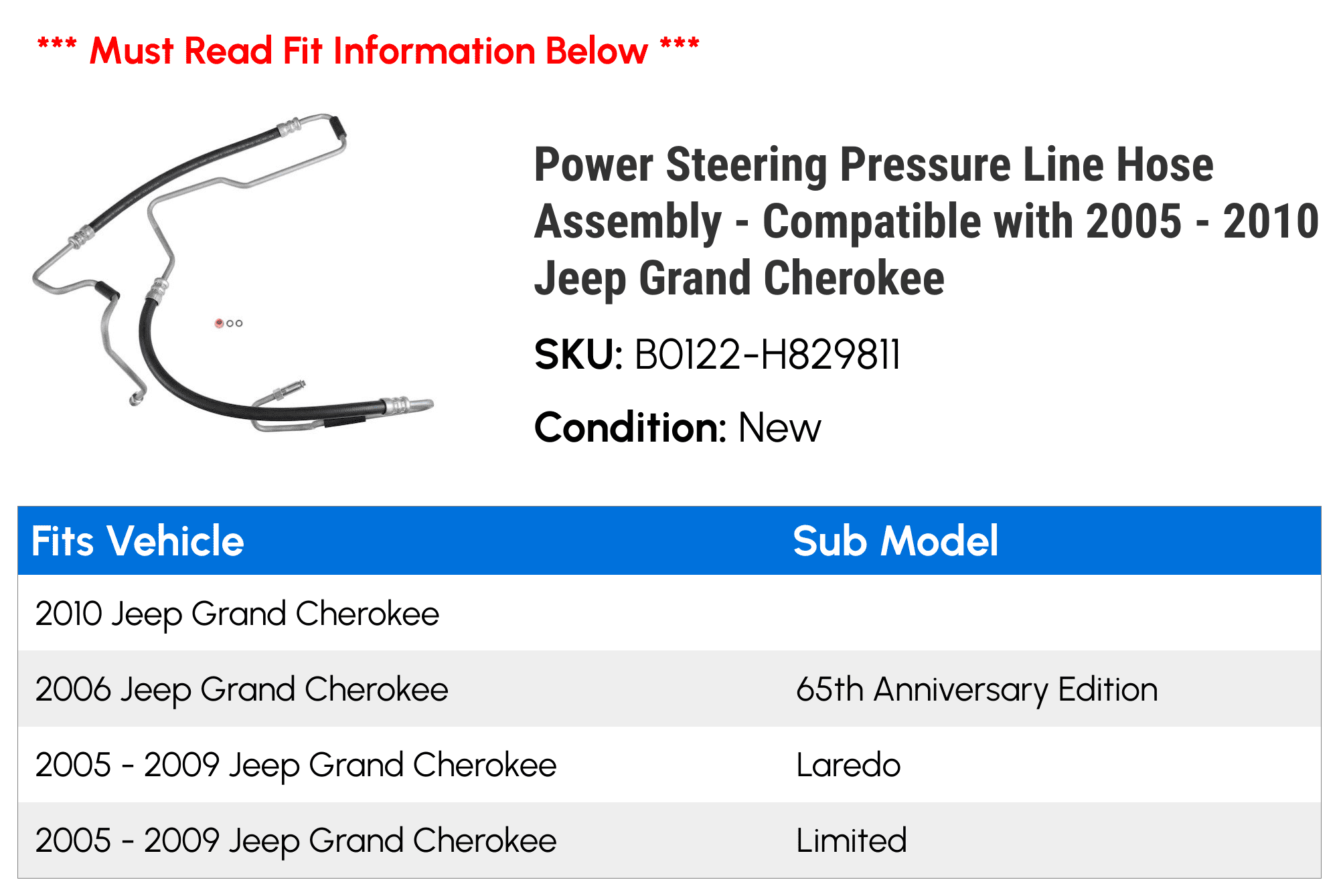 Power Steering Pressure Line Hose Assembly - Compatible with 2005 - 2010 Jeep Grand Cherokee 2006 2007 2008 2009