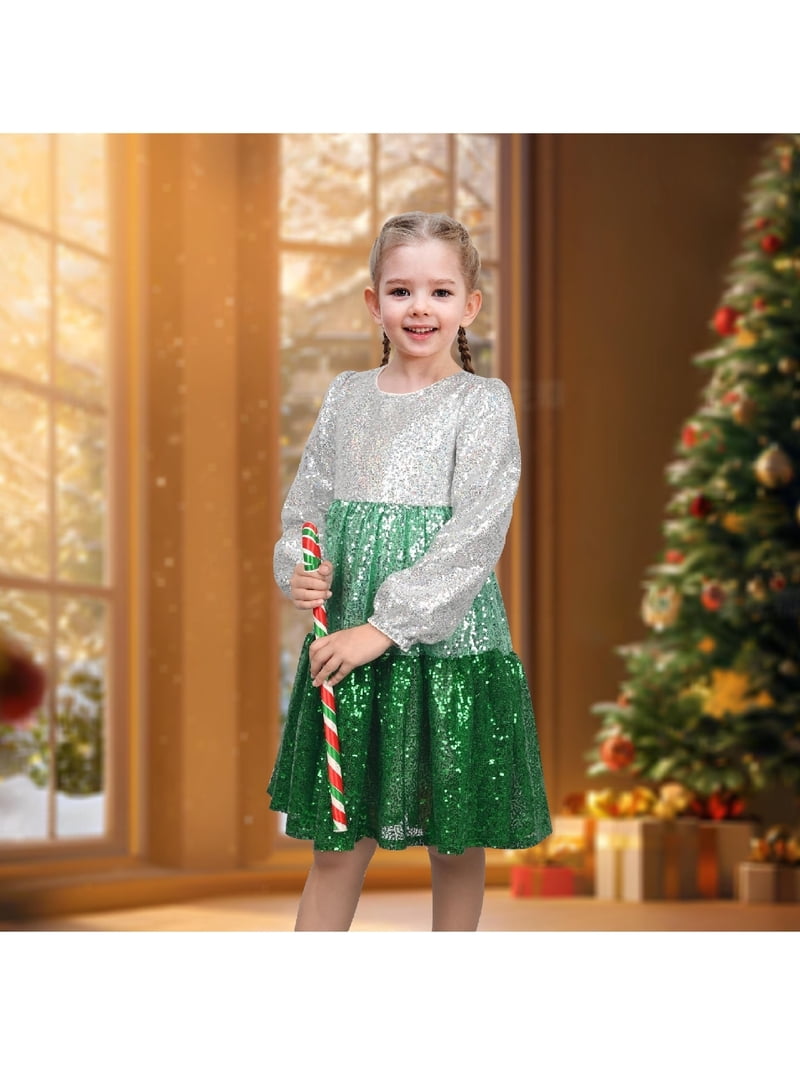 girls silver christmas dress Sunny Fashion Green Gradient Sequin Long Sleeve Tiered Festive Winter 8 Years VOGA50