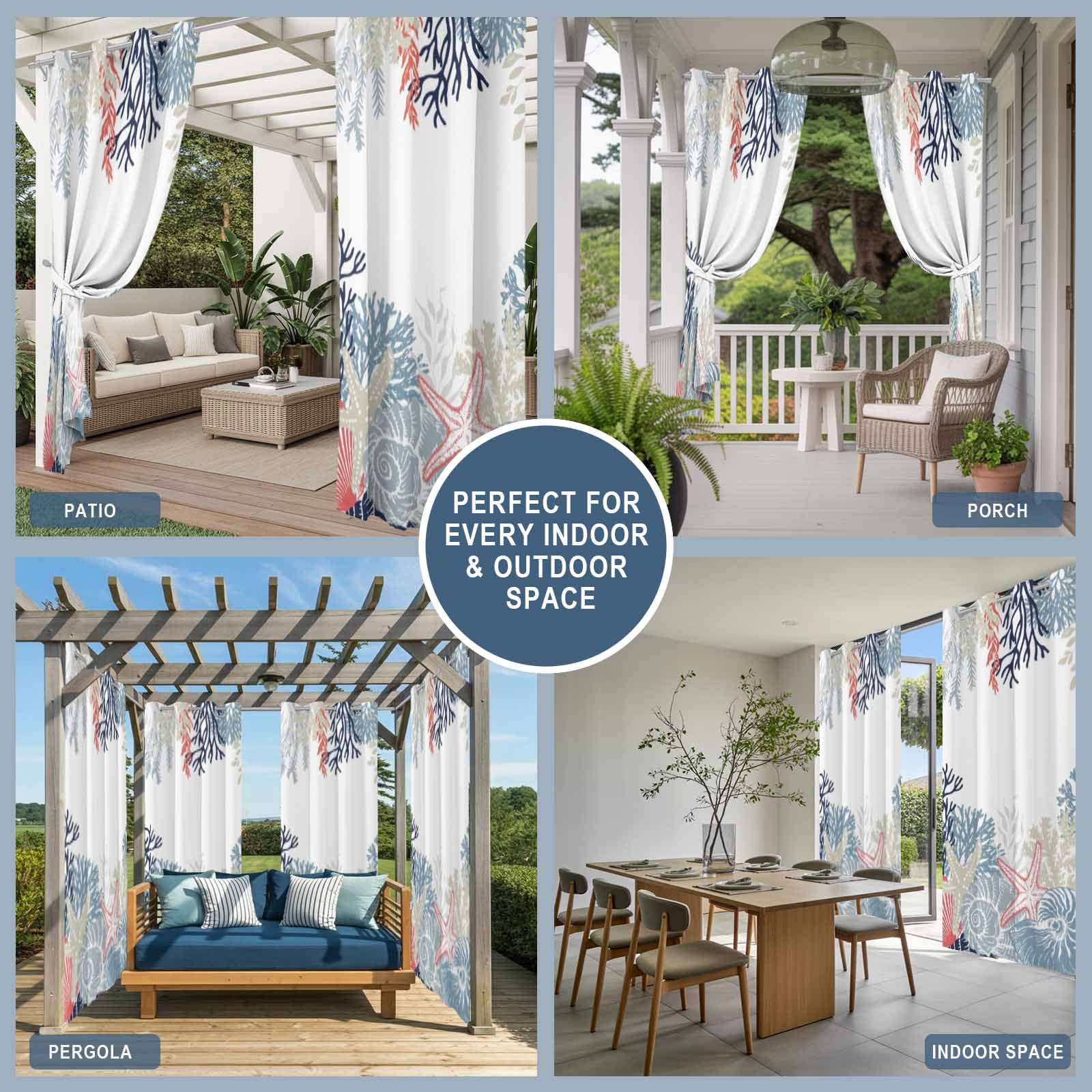 Summer Marine Life Outdoor Curtains for Patio, Ocean Corals Coastal Starfish Blue Conch Sunshade Privacy Drapes Grommet Waterproof Outside Curtains for Porch/Cabana/Balcony 54"x 108", 1 Panel