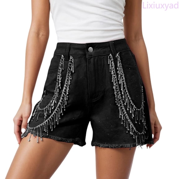 Lixiuxyad Womens Casual Shorts Stylish Denim Shorts With Fringe Embellishment And Rhinestone Chain Detail For A Summer,Black L