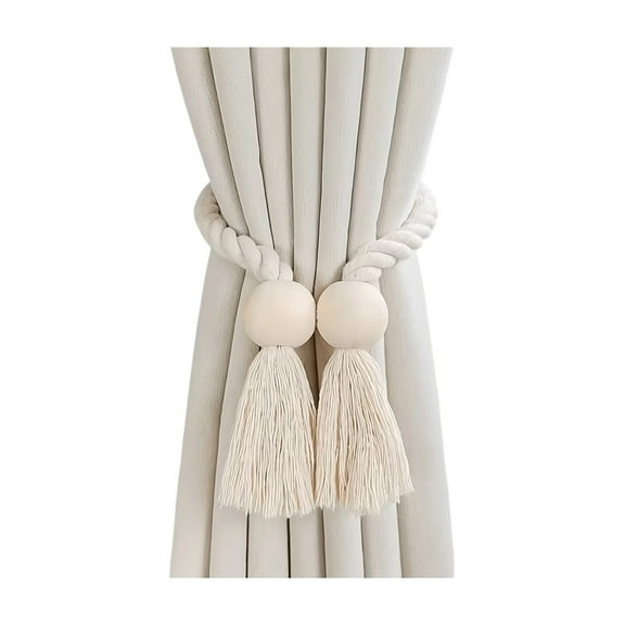 MAE Hand-woven solid wood magnetic knot curtain tiebacks with Boho style, suitable for living room and bedroom home decoration.