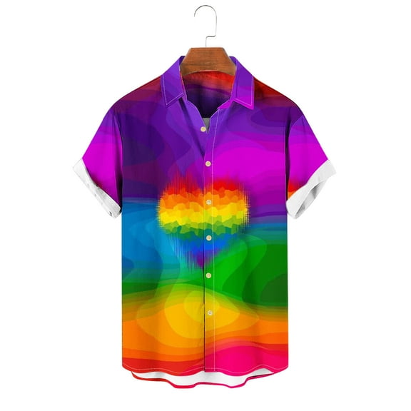 Nrmvnmi Men's Hawaiian Floral Rainbow Prints Shirts Cotton Linen Button Down Tropical Holiday Beach Shirts Independence Day