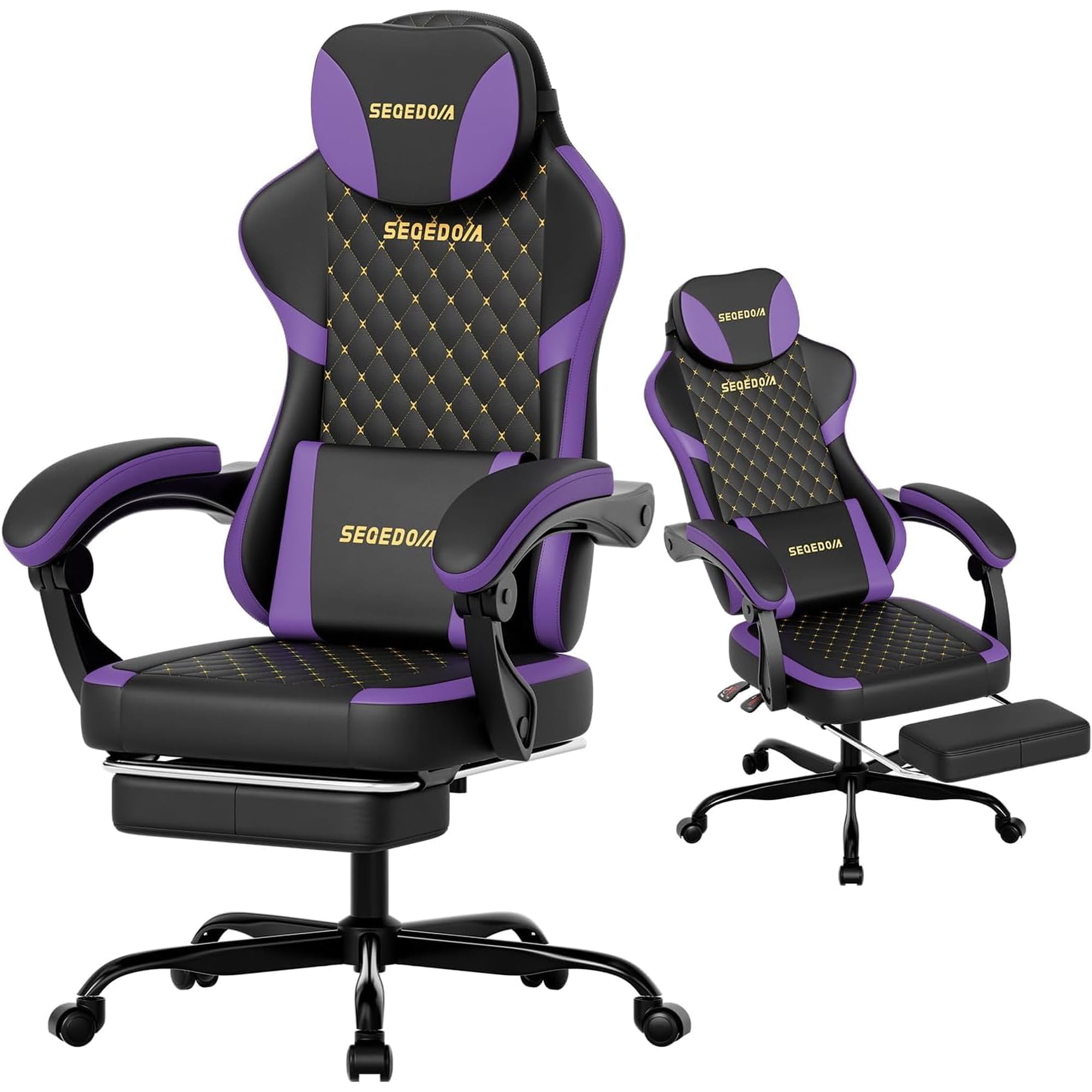 Ergonomic Video Gaming Chair with Footrest & Massage Lumbar Pillow, Height Adjustable 360° Swivel Computer Chair, Linked Armrest & Headrest for Office Gaming (Black Purple)