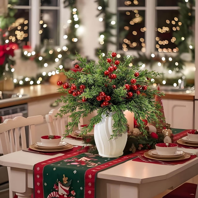 Tyidzon 30 Pcs Tiges de Pin de Noël Normand avec Baies Rouges, Fausses Branches de Cèdre Normand, Fausses Plantes Vertes pour Vase Centres de Table Guirlande Couronne Décoration de Noël Maison
