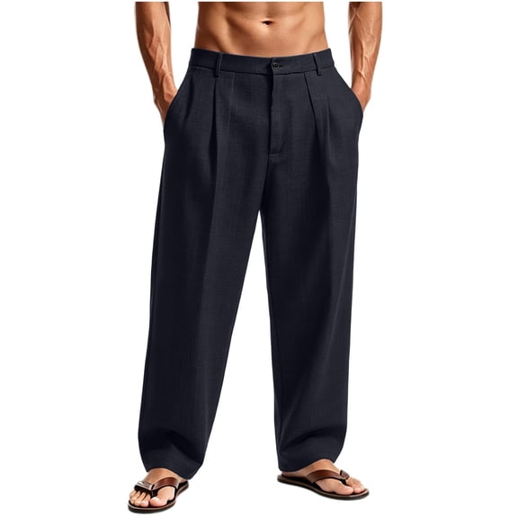 Lmueinov Mens Cotton Linen Pants Casual Business Pants with Pockets Lightweight Wide Leg Dress Trousers for Men 2026 Vacation Summer Fall Outfits