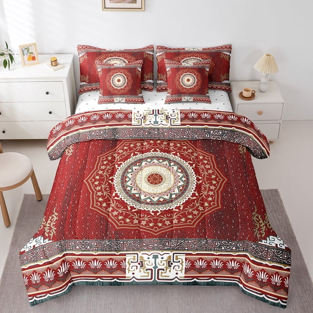 YST Tribal Pattern 7 Pcs Comforter Set King Exotic Geometric Lattice Bedding Set Boho Red Yellow Square Grid Bed in A Bag Sheet Set Retro Bohemian Room Decor National Abstract Duvet Insert