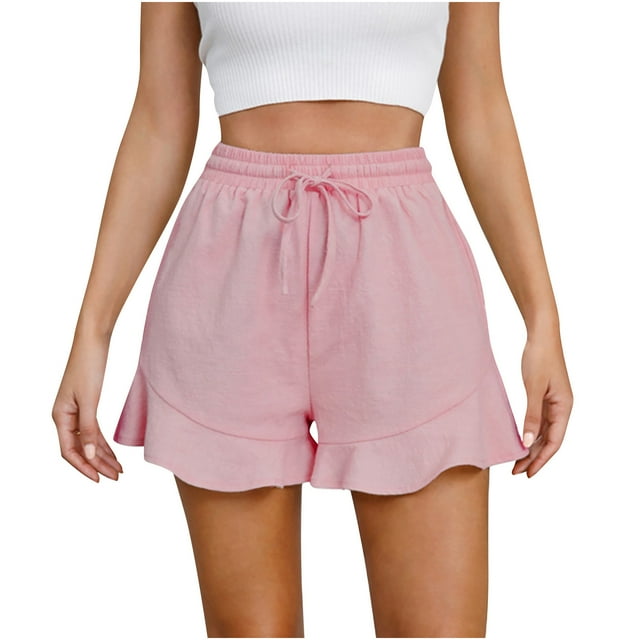 AherBiu Shorts for Women Trendy Elastic Waist Drawstring Ruffle Wide Leg Summer Casual Solid Color Loose Comfy Shorts