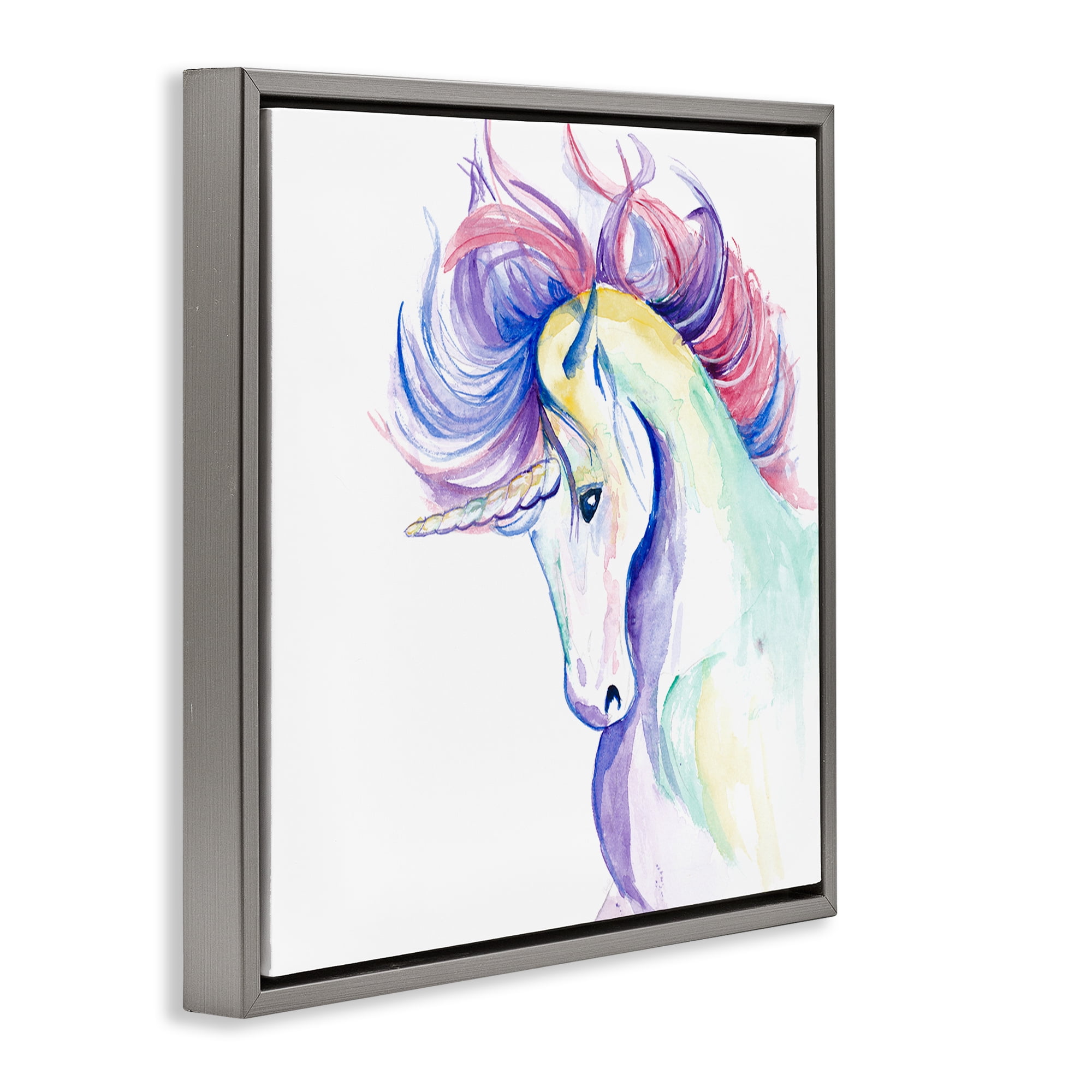 Stupell Industries Windblown Mane Unicorn Fantasy & Sci-Fi Painting Gray Floater Framed Canvas Art Print Wall Art, 25 x 25
