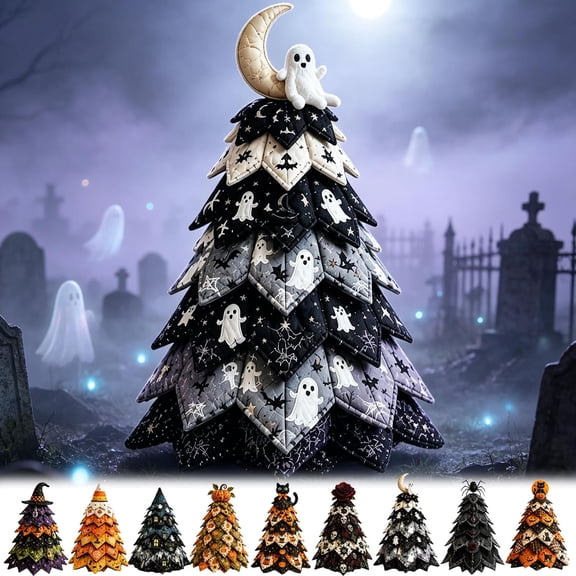 Halloween Quilted Fabric Tree Kit 3D Patchwork Kit DIY Christmas Tree Quilt Kit Holiday Patchwork Sewing Craft Kit, Moon