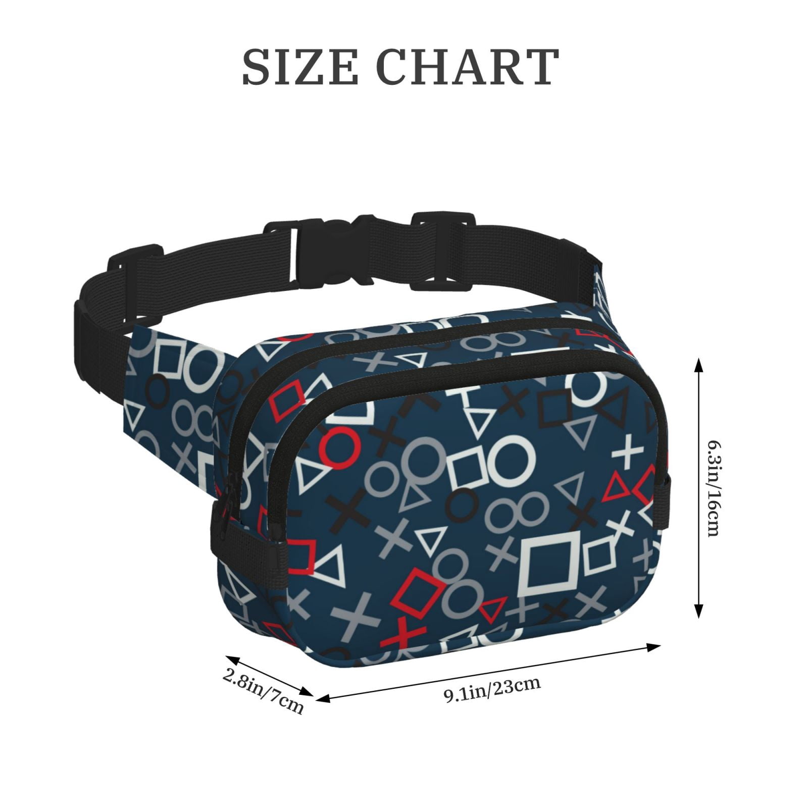 Picia Navy Blue Geometric Print Square Double-Layer Waist Bag Mini Adjustable Waist Belt Bag Exercise Running Travel Hiking