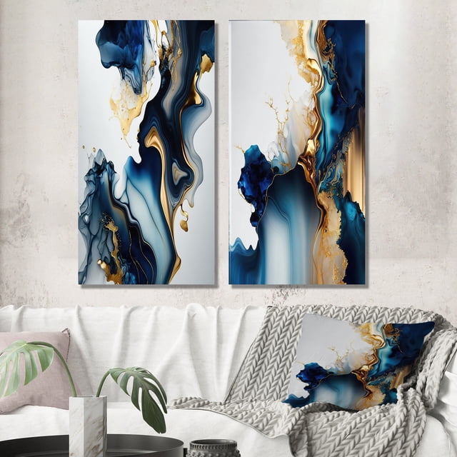 Designart "Blue Tones in Geode Marble I" Abstract Marble Wall Art Set Of 2 - Blue Abstract Wall Decor Set Of 2