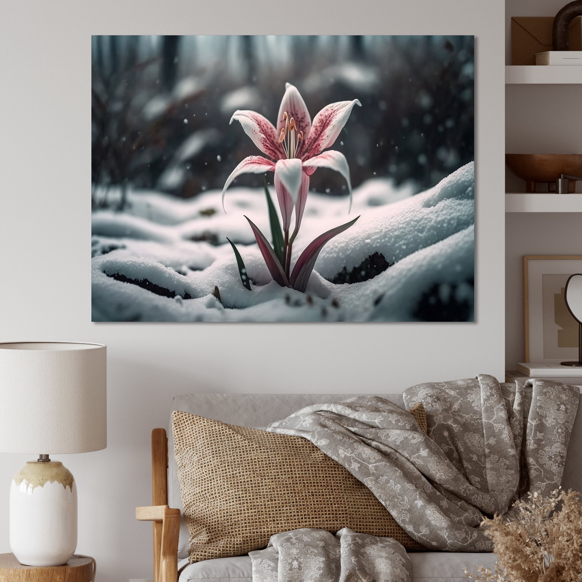 Designart A Blooming White And Pink Lily Flower In Winter Canvas Wall Art