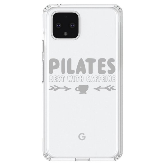 DistinctInk Clear Shockproof Hybrid Case for Google Pixel 4 XL (6.3" Screen) - TPU Bumper Acrylic Back Tempered Glass Screen Protector - Pilates Best With Caffeine