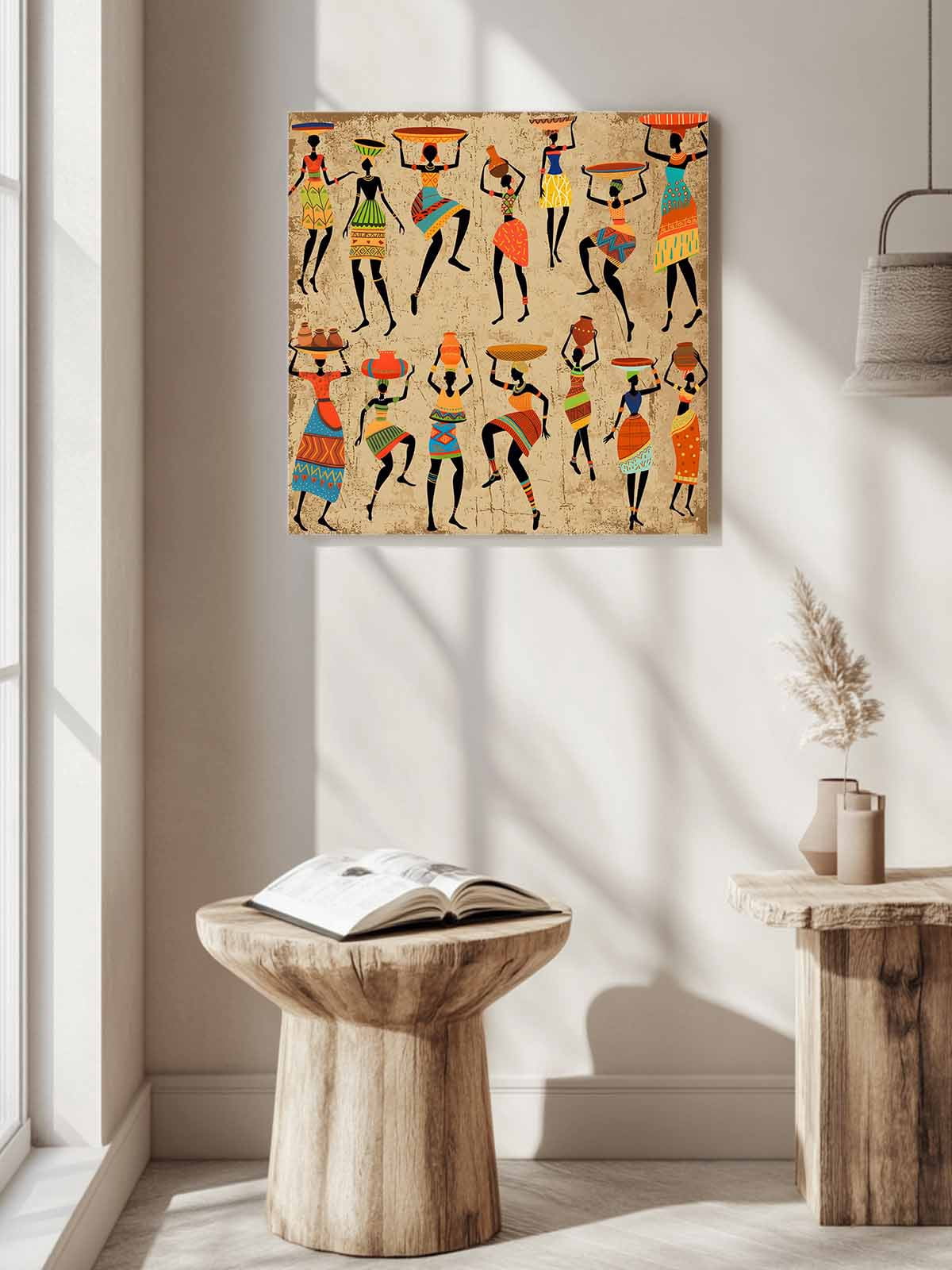 Black African Women Canvas Wall Art, Vintage Abstract Ethnic Style Bohemian Linen Texture Framed Wall Decor Modern Artwork Prints Painting for Living Room, Bedroom, Kitchen & Cafe Decor 16x16 Inch